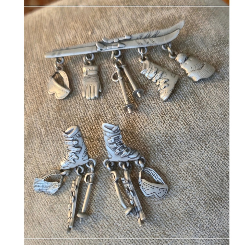 JJ Pewter Skiing Charm Brooch w/ Matching Earrings Vintage